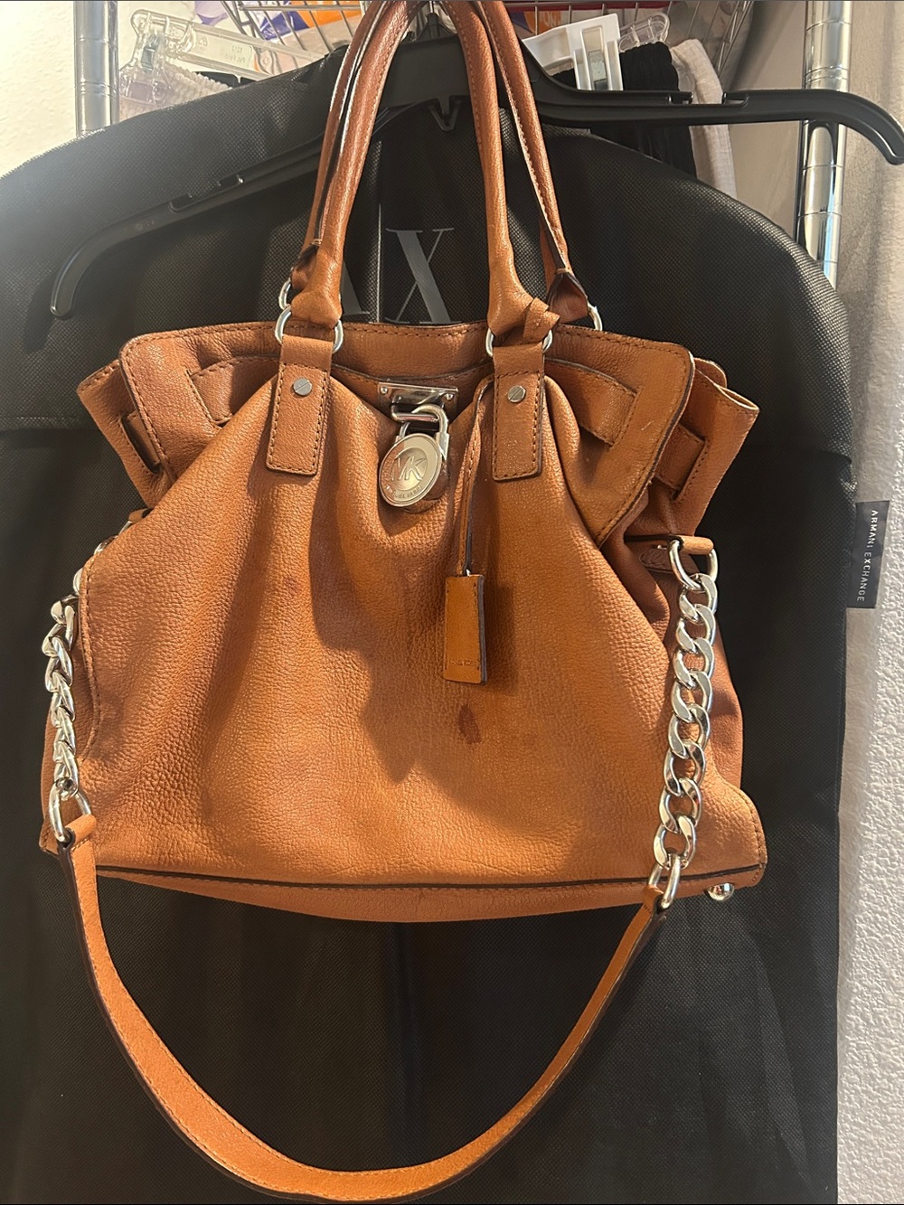 Michael Kors Cognac Leather Shoulder Tote with Silver Chain